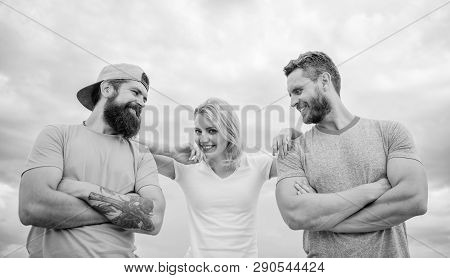 Trust And Support Attributes Of True Team. United By Idea. Woman And Men Look Confident While Stay C