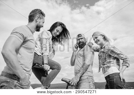 Double Date Concept. Group Friends Hang Out With Bicycle. Company Stylish Young People Spend Leisure