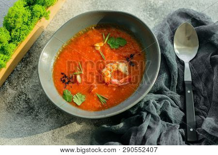 Gazpacho With Prawns. Close Up Of A Spanish Cold Vegetable Soup Gazpacho