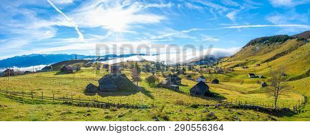 Rural Landscape With Fog In Sirnea, Fundata Village, Transylvania Landmark, Romania