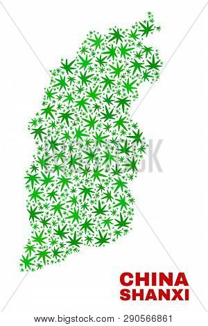 Vector Cannabis Shanxi Province Map Mosaic. Template With Green Weed Leaves For Cannabis Legalize Ca