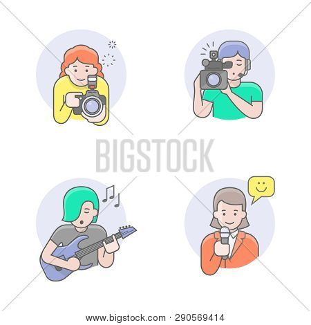 Flat Line Icons Set Of Media Occupations Girl Avatars. This Set Includes Some Professions Such As Ph