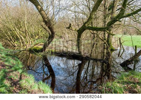 Flooded Fields After A Significant Winter Storm, Near The Dutch Town Of Orvelte.