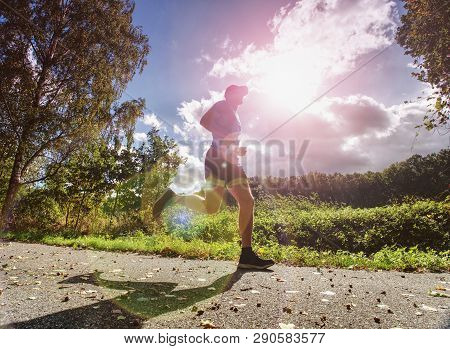 The Man Run In The Forest. The Athletic Man Running On A Forest Trail. The Man Running On Warmday