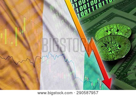 Ivory Coast Flag And Cryptocurrency Falling Trend With Two Bitcoins On Dollar Bills And Binary Code 