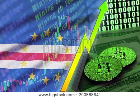 Cabo Verde Flag And Cryptocurrency Growing Trend With Two Bitcoins On Dollar Bills And Binary Code D