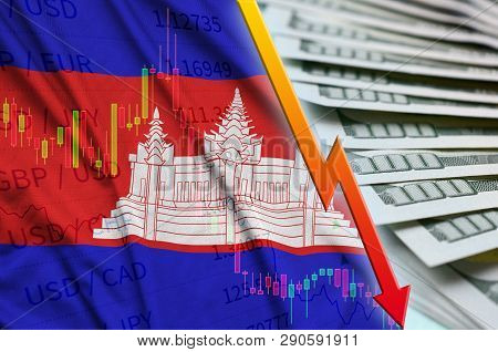 Cambodia Flag And Chart Falling Us Dollar Position With A Fan Of Dollar Bills