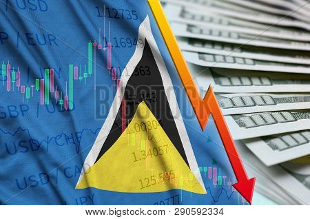 Saint Lucia Flag And Chart Falling Us Dollar Position With A Fan Of Dollar Bills
