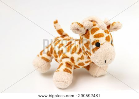 Little Giraffe Plushie Isolated On White Background With Shadow Reflection