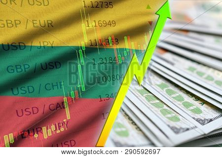 Lithuania Flag And Chart Growing Us Dollar Position With A Fan Of Dollar Bills