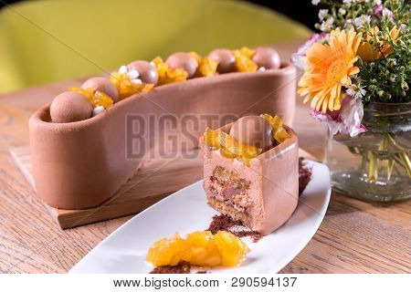 Homemade Milk Chocolate And Chestnuts Cake - Milk Chocolate Mousse, Pineapple Marmalade, Crispy Base