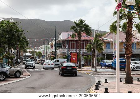 MARIGOT, SINT  MAARTEN - JULY 31, 2015: Busy street near Fish market area in french part island in town Marigot.