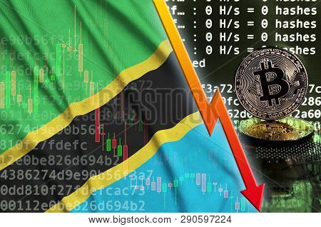 Tanzania Flag And Falling Red Arrow On Bitcoin Mining Screen And Two Physical Golden Bitcoins