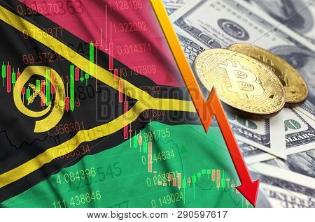 Vanuatu Flag And Cryptocurrency Falling Trend With Two Bitcoins On Dollar Bills