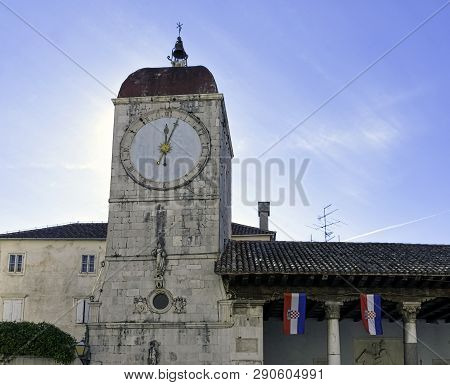 Trogir, Dalmatia, Croatia - October 29: Clock Tower In Historic City Of Trogir On October 29, 2016 I