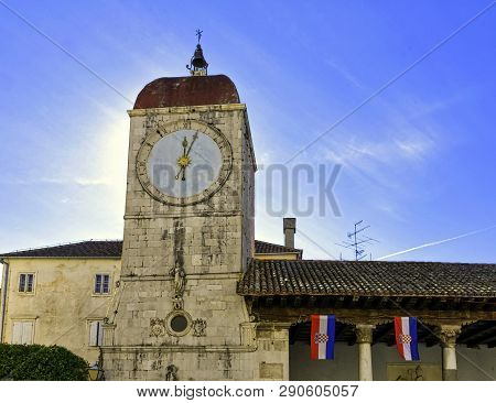 Trogir, Dalmatia, Croatia - October 29: Clock Tower In Historic City Of Trogir On October 29, 2016 I