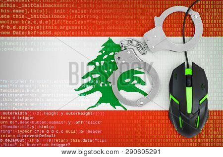 Lebanon Flag  And Handcuffed Computer Mouse. Combating Computer Crime, Hackers And Piracy