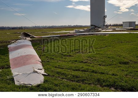 Broken Windmill Shovels. Damaged Windmill For Generating Electricity.