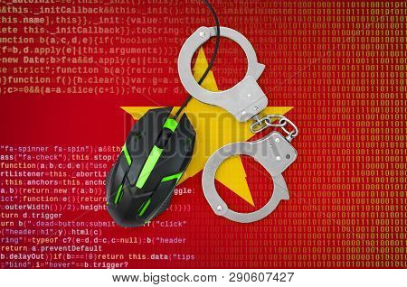 Vietnam Flag  And Handcuffed Computer Mouse. Combating Computer Crime, Hackers And Piracy