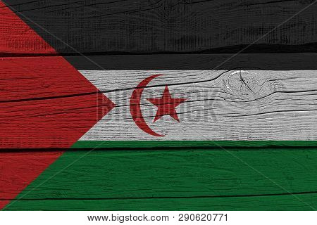 Sahrawi Arab Democratic Republic Flag Painted On Old Wood Plank. Patriotic Background. National Flag