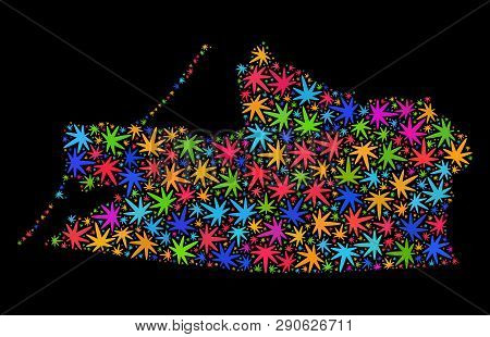 Bright Vector Marijuana Kalid Region Map Mosaic On A Black Background. Template With Colored Weed Le