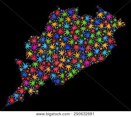 Bright Vector Marijuana Odisha State Map Mosaic On A Black Background. Template With Bright Weed Lea