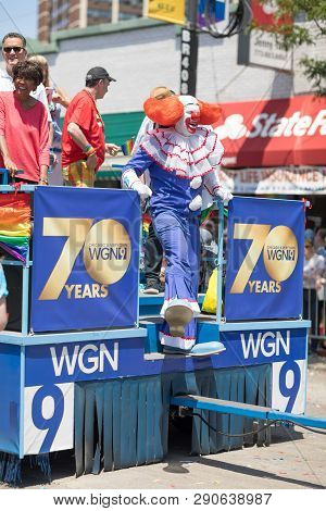 Chicago, Illinois, Usa - June 24, 2018 Bozo Dacing On Top Of A Float Celebrating During The Lgbtq Pr