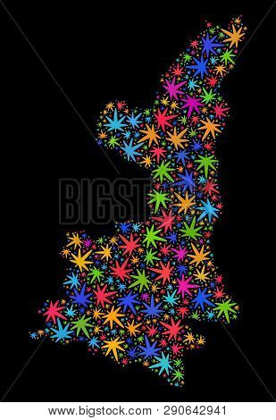 Bright Vector Cannabis Shaanxi Province Map Collage On A Black Background. Concept With Bright Weed 