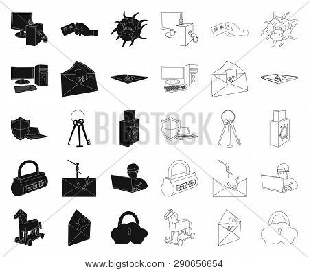 Hacker And Hacking Black, Outline Icons In Set Collection For Design. Hacker And Equipment Vector Sy