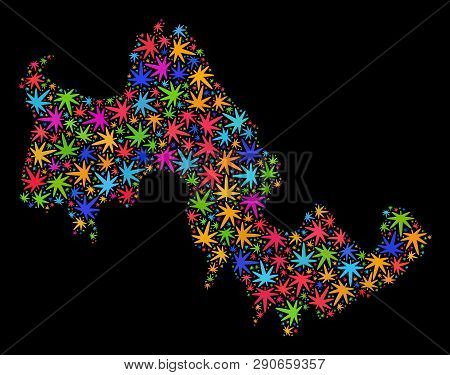 Bright Vector Cannabis Tilos Island Map Collage On A Black Background. Concept With Bright Weed Leav