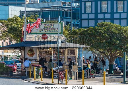 Sydney, Australia - July 03, 2016: Popular Sydney Street Food Cafe Harrys De Wheels With Locals And 