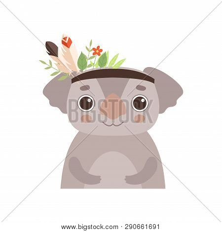 Cute Coala Bear Animal Wearing Headdress With Feathers, Leaves And Flowers Vector Illustration