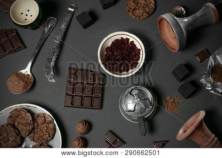 Set Of Objects Related To Smoking Hookah With Chocolate Aroma