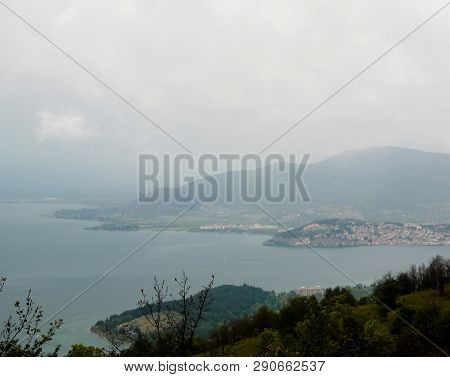 Panoramic Aerial View To Ohrid Lake And City , Konjsko, Elshani, North Macedonia