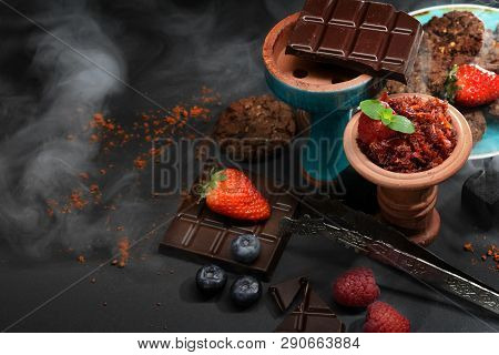 Set Of Objects Related To Smoking Hookah With Chocolate Aroma