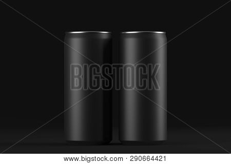 Two Pieces Of Black Aluminum Cans On A Dark Background. Mock Up. 3d Rendering