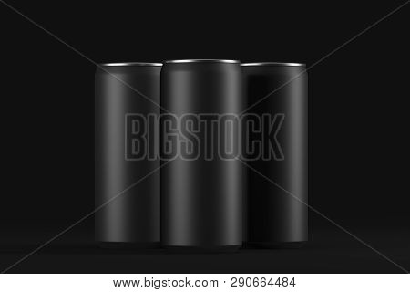 Three Black Aluminum Beverage Cans. On A Dark Background. Mock Up. 3d Rendering
