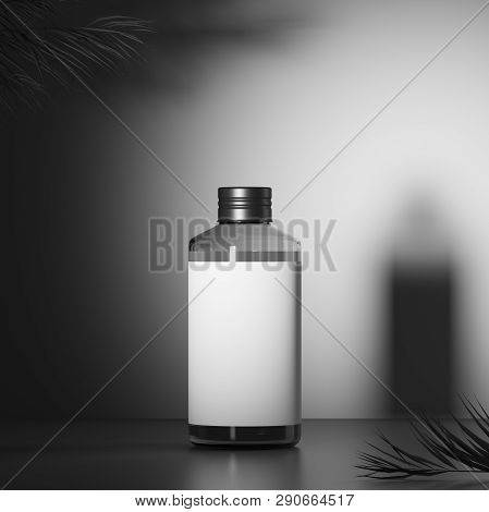White Transparent Glass Cosmetic Bottle For Liquid, Gel, Lotion On Background With Exotic Flowers. M