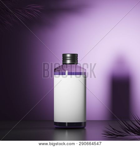 Cosmetic Transparent Liquid Bottle On Purple Background With Exotic Flowers. Mock Up. 3d Rendering