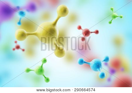 Colored Molecules On A Light Blue Background. 3d Rendering