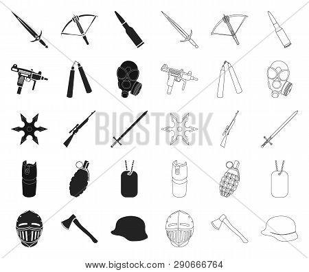 Types Of Weapons Black, Outline Icons In Set Collection For Design.firearms And Bladed Weapons Vecto