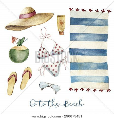 Set Of Beach Vacation Essintial Objects - Bikini Floppy Hat Flip-flops Sun Protector And Sunglasses,