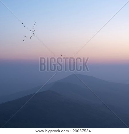 Beautiful Winter Sunrise Landscape Image Of The Great Ridge In The Peak District In England With  Bi