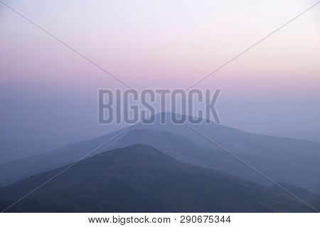 Beautiful Winter Sunrise Landscape Image Of The Great Ridge In The Peak District In England With Mis