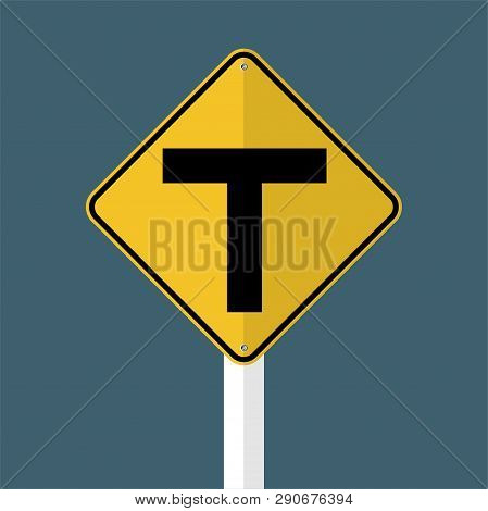 T-junction Traffic Road  Sign Isolated On Grey Sky Background.vector Illustration