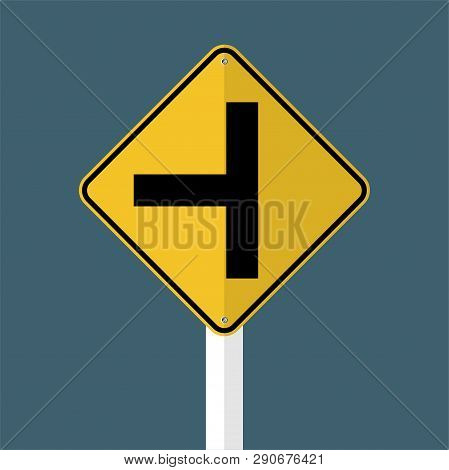 T-junction Traffic Road Sign Isolated On Grey Sky Background.vector Illustration