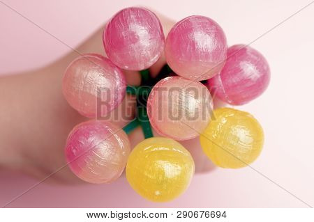 A Hand Holds A Lot Of Colorful Lollipop. Top View. Flat Lay Of Lollipops.