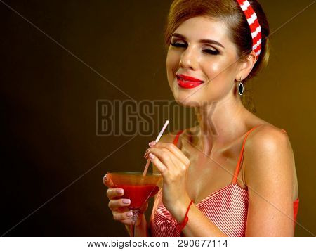 Cocktail attire for women. Pin up girl in cocktail dresses drink martini cocktails for fancy events party.