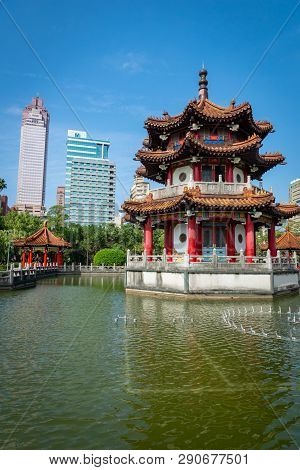 Taipei, Taiwan - March 2019: 228 Memorial Park City View With Chinese Pagoda. 228 Memorial Park Is L