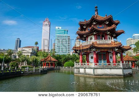 Taipei, Taiwan - March 2019: 228 Memorial Park City View With Chinese Pagoda. 228 Memorial Park Is L